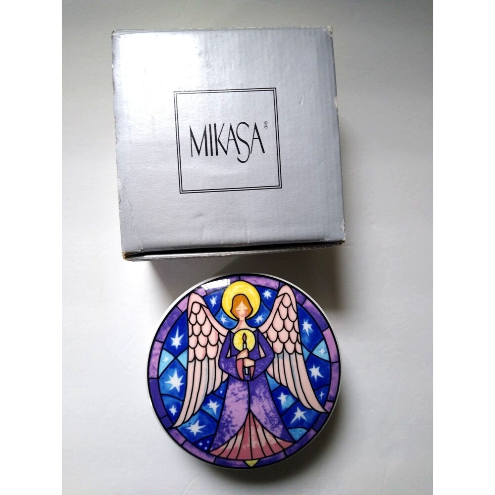 Mikasa Angel Trinket Bowl Covered Ceramic Dish Stained Glass Star Pattern Box